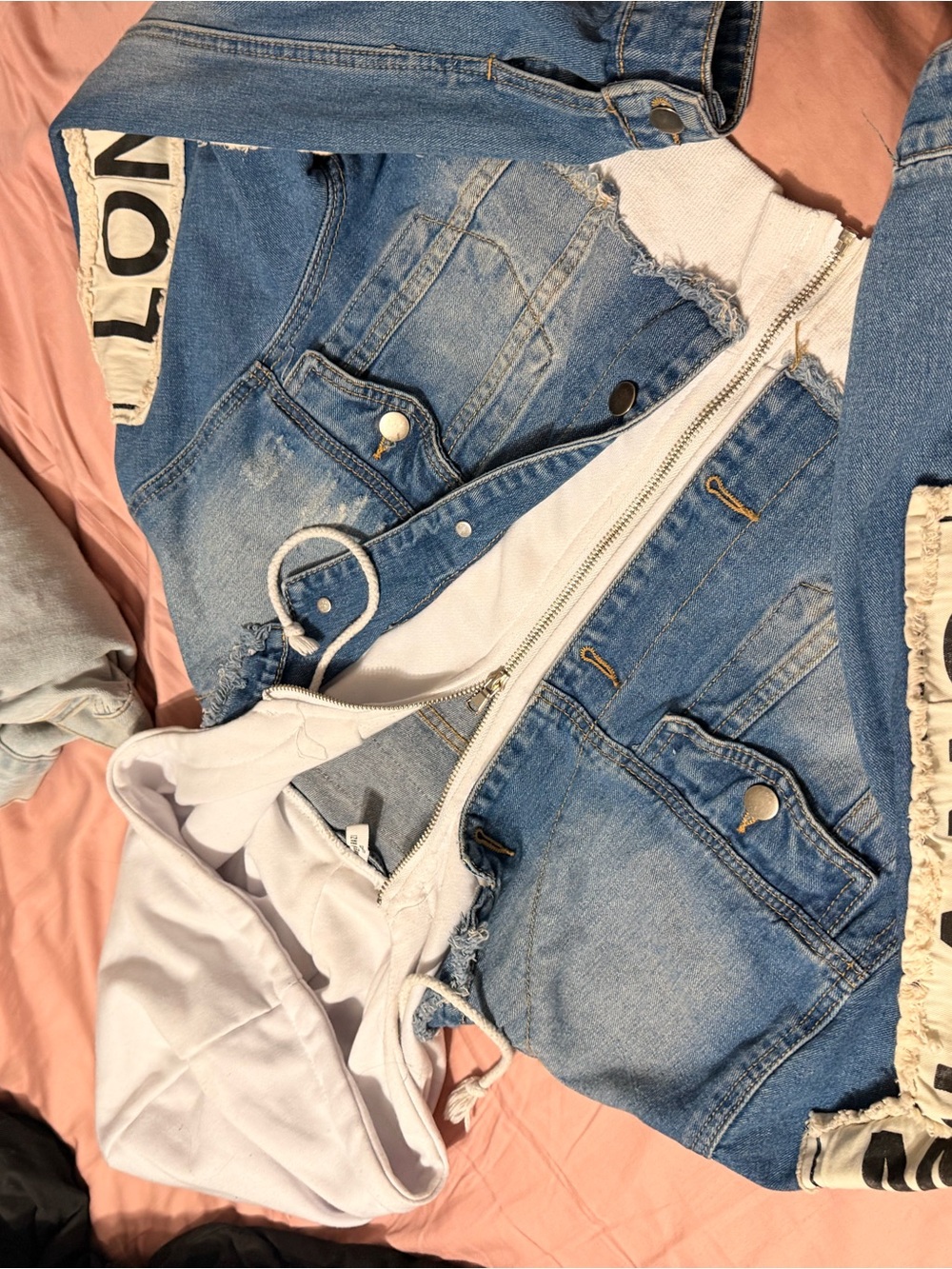 Women’s Light Blue Distressed Denim Jacket with White Hoodie